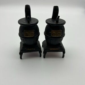 Vintage 3.75" tall Plastic Pot Belly Stove Salt Pepper Shakers - Hong Kong